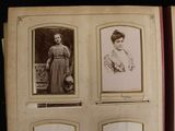 an old photo of a woman in a dress and a woman in a dress
