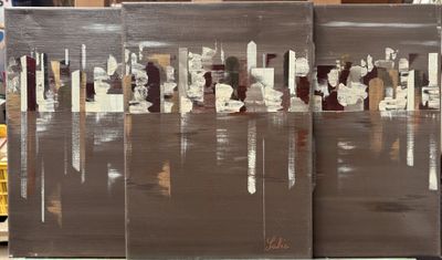 a painting of a group of people on a brown background
