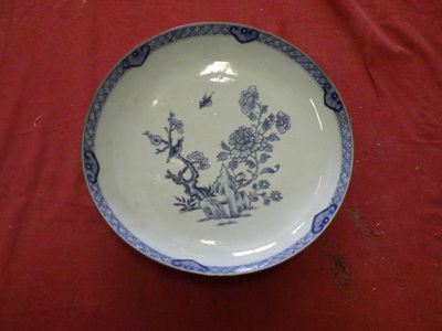 a blue and white plate on a red table cloth
