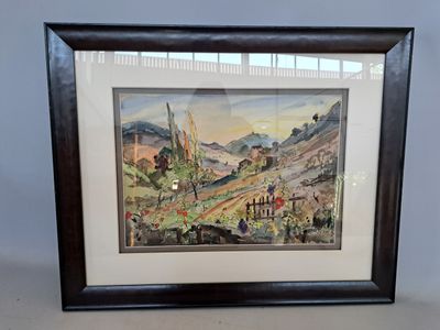 framed picture of a painting of a mountain scene with a train
