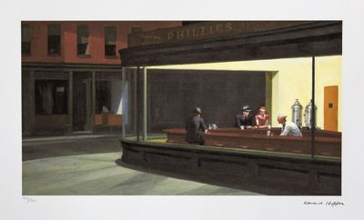 painting of a group of people sitting on a bench in front of a building