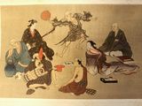 a painting of a group of people sitting on the ground