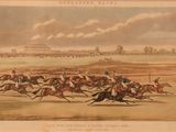 une peinture représentant une course de chevaux avec des jockeys et des chevaux