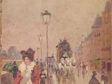 une peinture de personnes marchant dans la rue sous la pluie