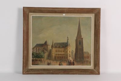 tableau représentant une scène urbaine avec une église en arrière-plan