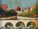 une peinture à l'huile représentant un pont sur une rivière avec un bâtiment à l'arrière-plan