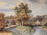 a watercolor painting of a country scene with a river