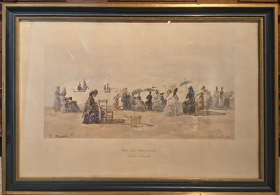 tableau représentant un groupe de personnes sur une plage, avec un bateau en arrière-plan