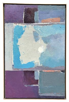 peinture abstraite composée de carrés bleus, violets et orange sur fond blanc