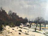 painting of a snowy landscape with trees and bushes in the foreground