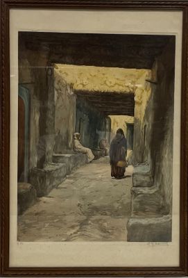 tableau représentant une femme marchant dans une rue d'un village