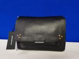 a black leather purse with a tag on it