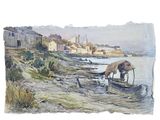 une aquarelle représentant un bateau sur le rivage