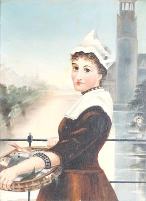un tableau représentant une femme tenant un plateau de nourriture