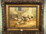 a picture of a painting of chickens in a barn