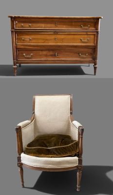 deux photos d'une chaise et d'une commode sur fond gris
