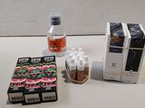 a bottle of water, a box of cigarettes, and a box of cigarettes