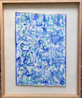 un tableau réalisé à la peinture bleue et verte, dans un cadre en bois