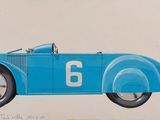 dessin d'une voiture bleue avec le chiffre six sur le côté