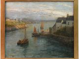 painting of a harbor scene with boats in the water and a lighthouse in the distance