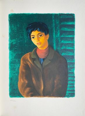 painting of a man in a brown jacket and a red turtle neck