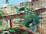 an oil painting of a bridge with a tower in the background