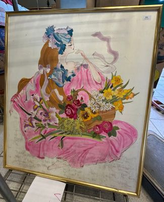 un tableau représentant une femme assise sur une chaise, avec un panier de fleurs