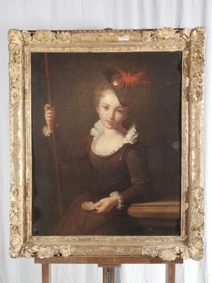 painting of a woman in a brown dress with a red feather