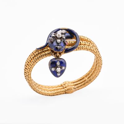 Bracelet serpent ancien en diamant, rubis et émail, milieu d… - Photo 1