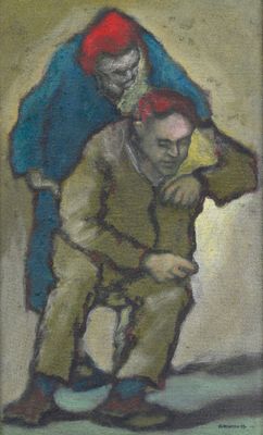 une peinture à l'huile représentant un homme et une femme assis sur une chaise