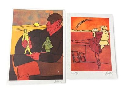 deux tableaux représentant un homme et une femme assis sur un canapé