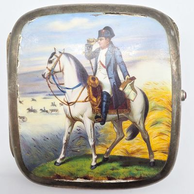 painting of a man riding a horse in a field with a sky background
