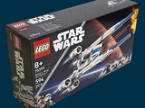 une boîte contenant des sets Lego Star Wars sur fond bleu