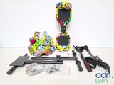 a picture of a skateboard and skateboard accessories laid out on a white surface