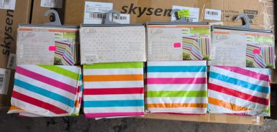 boxes of assorted items are stacked on top of each other