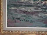 an oil painting of a boat in the ocean with a sky background