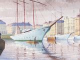 une peinture de bateaux dans un port avec des bâtiments à l'arrière-plan