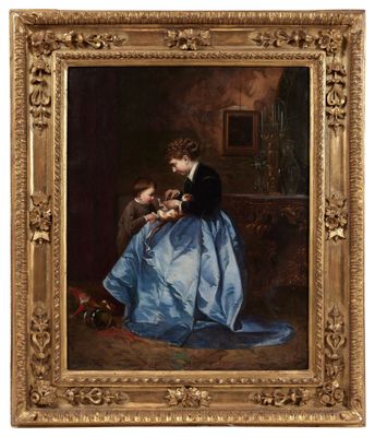 une image d'un tableau représentant une femme tenant un enfant dans ses bras