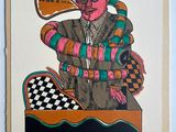 painting of a man in a suit and hat holding a baseball bat