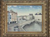une peinture représentant un pont au-dessus d'une rivière avec des bâtiments à l'arrière-plan