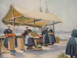 a painting of a woman selling vegetables at a market
