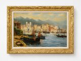 une peinture à l'huile d'une scène portuaire avec des bateaux dans l'eau