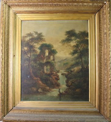 un tableau représentant un paysage fluvial avec un château au loin