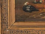a painting of chickens and roosters in a barn