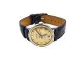 an image of a wrist watch with a gold dial and black leather strap