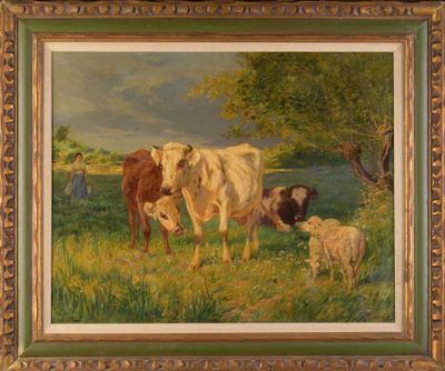un tableau représentant des vaches et un chien dans un champ