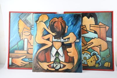 trois tableaux représentant un homme et une femme assis sur un canapé