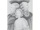 a black and white drawing of three people and a child