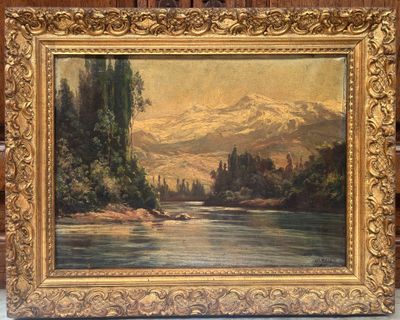an oil painting of a river with mountains in the background