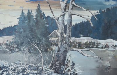 un tableau représentant un arbre dans la neige au bord de l'eau
